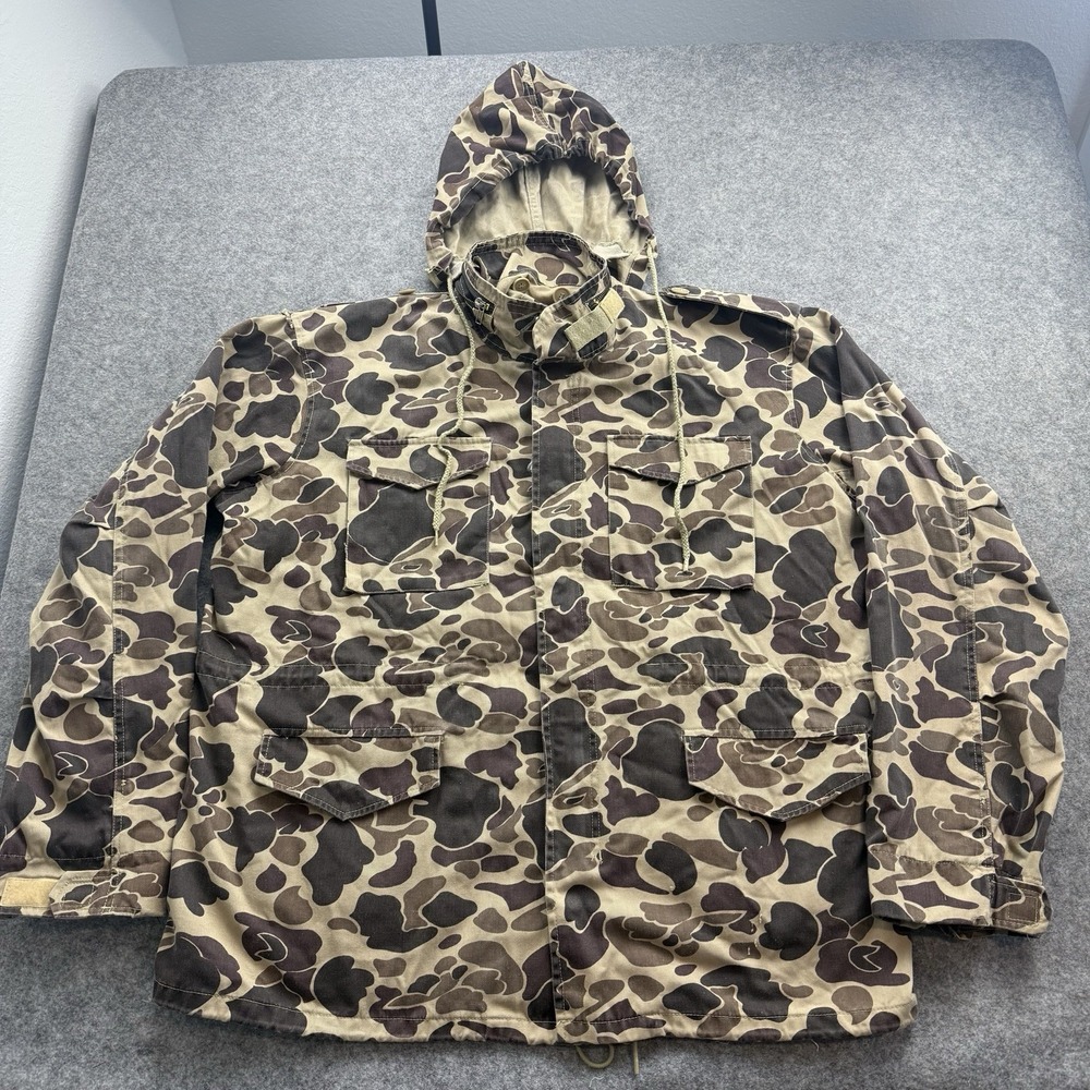 Vintage Duck Bay Duck Camo Jacket Mens XL Hunting Field Coat Scovill Zip Hooded